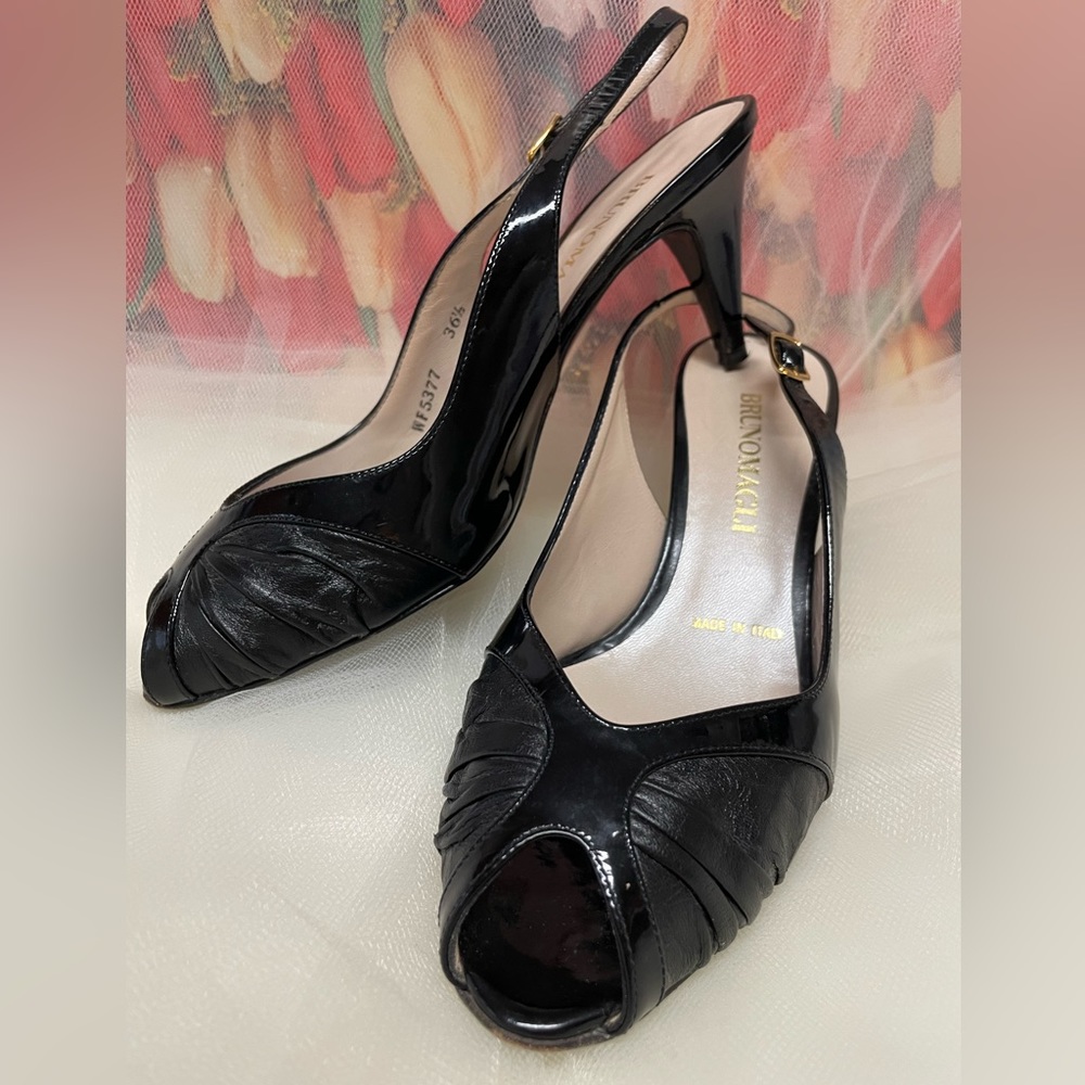 Vintage Bruno Magli Black Patent Leather Peep Toe Slingbacks Heels US 6 EU 36.5